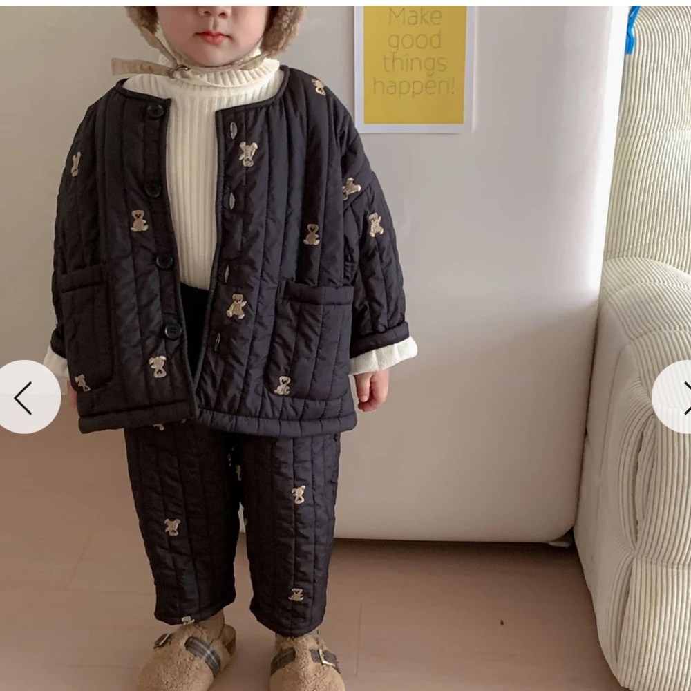 Kids Matching Fleece Lined Quilted Jacket and Pants Set Black Embroidered